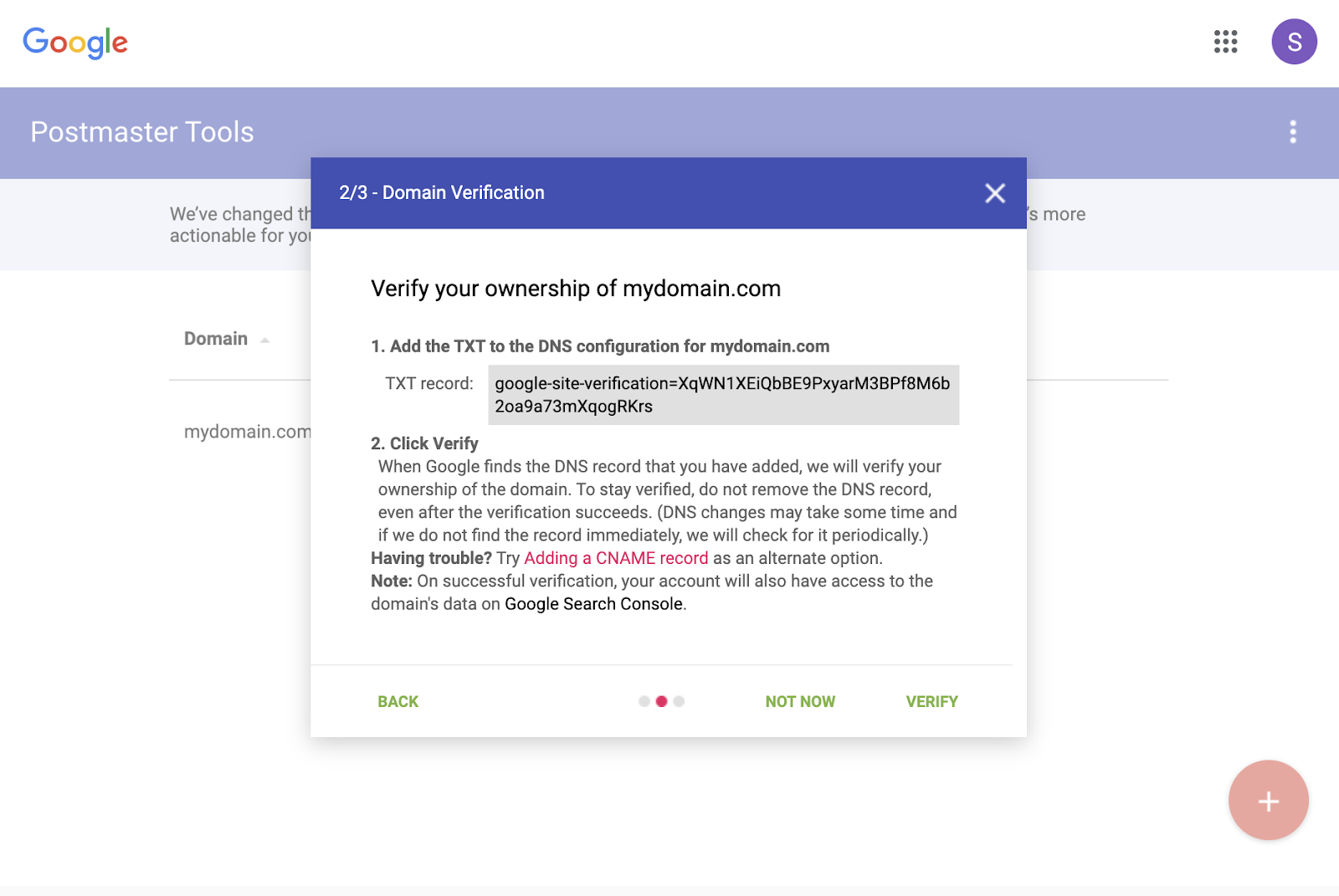 Google Postmaster Tools TXT record verification instructions