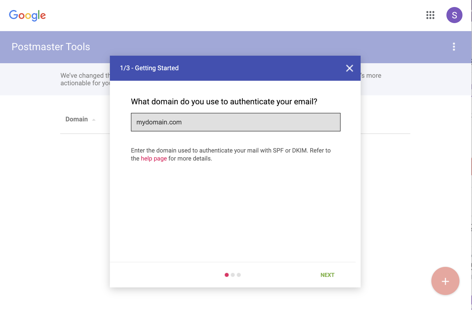 Google Postmaster Tools add domain screen